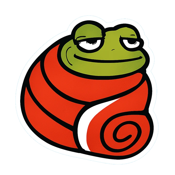 Comfy Toad, a green toad rolled up in a red and white blanket, only his half-closed eyes and smile showing